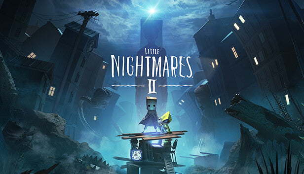 Official cover art for the puzzle-platformer game Little Nightmares II featuring protagonists Mono and Six.