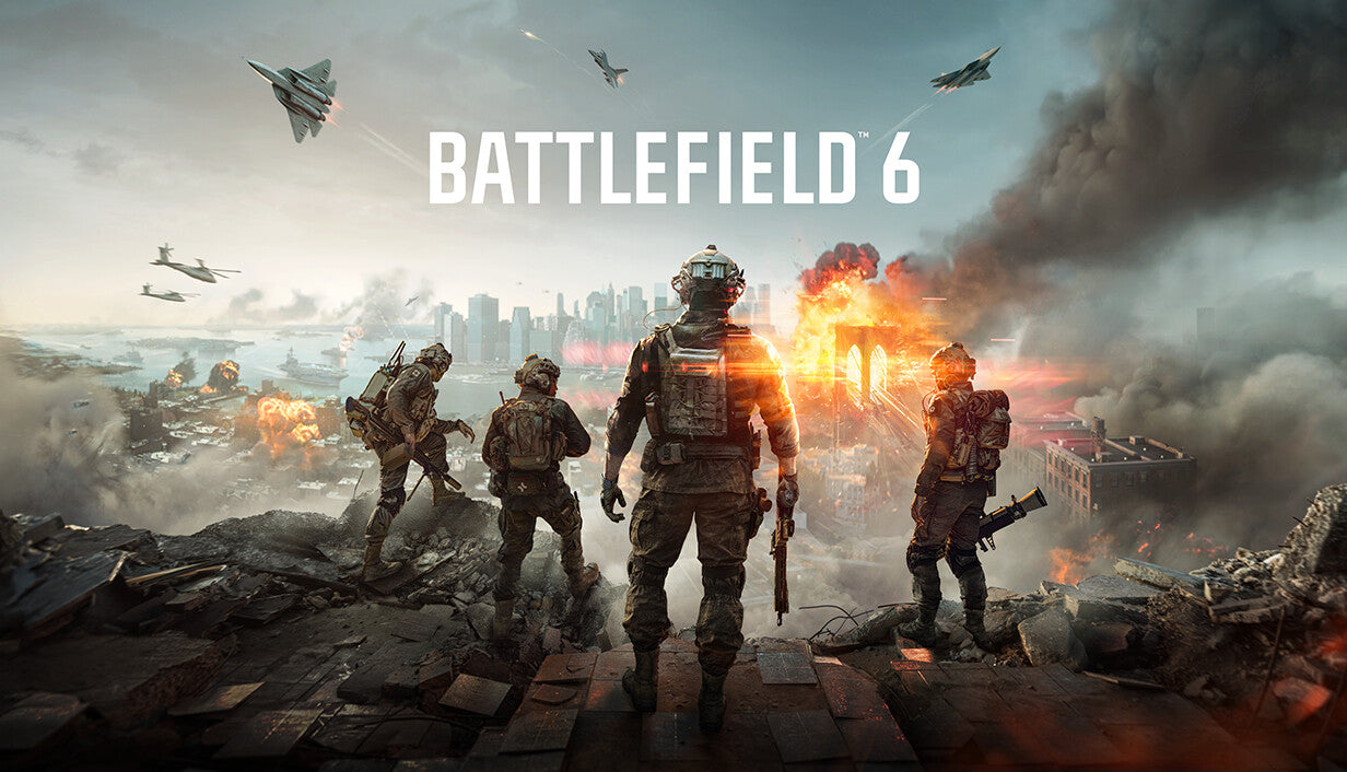 Cover art for the military shooter Battlefield 6 featuring soldiers overlooking a war-torn city landscape.