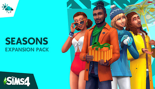 Official cover art for The Sims 4 Seasons expansion pack featuring Sims enjoying various seasonal activities and weather.