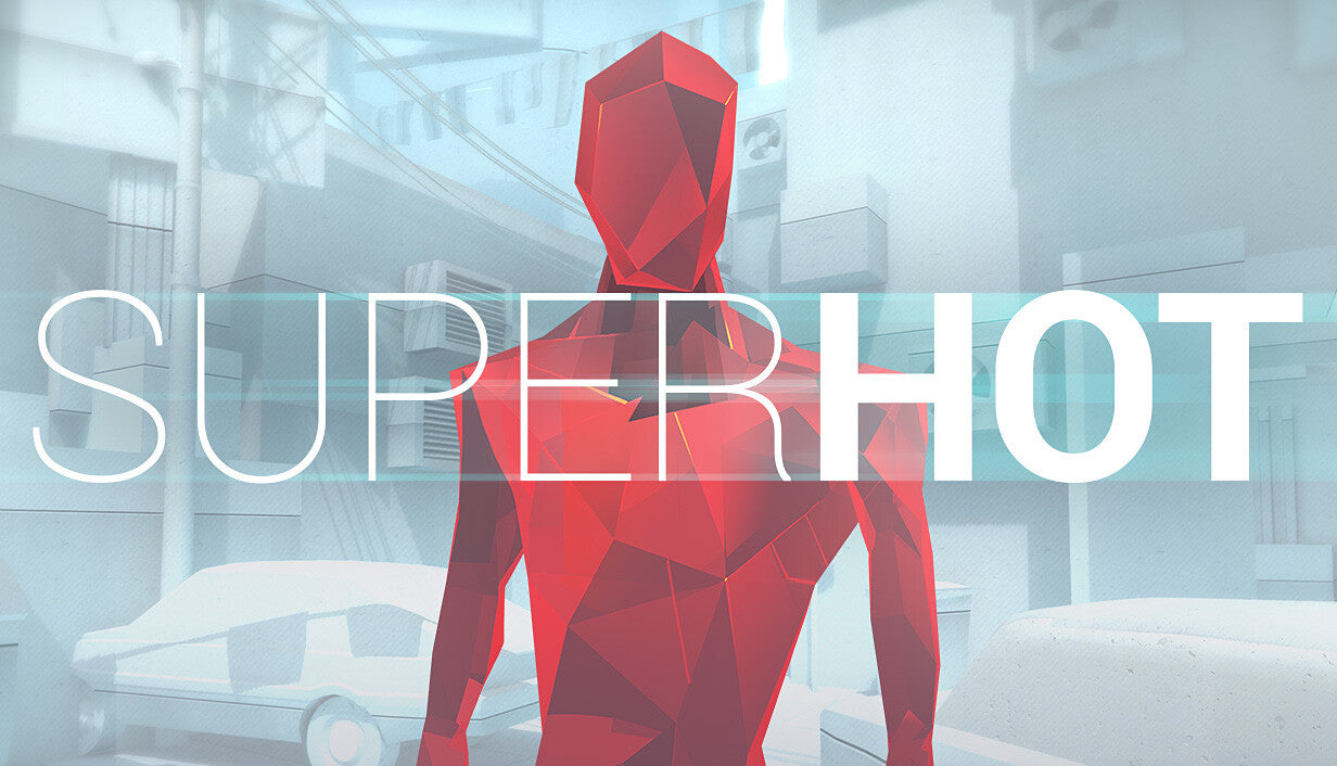 Official cover art for the action game SUPERHOT featuring a minimalist red silhouette on a white background.