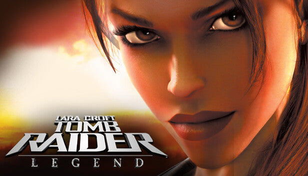 Cover art for Tomb Raider: Legend, featuring a close-up portrait of Lara Croft staring intently ahead against a warm, sunlit background.