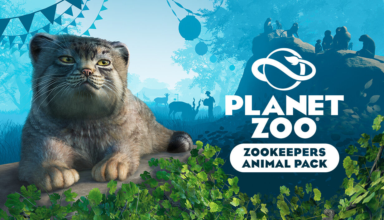 Planet Zoo: Zookeepers Animal Pack cover art featuring a fluffy Pallas's cat resting on a rock in front of a misty blue zoo habitat.