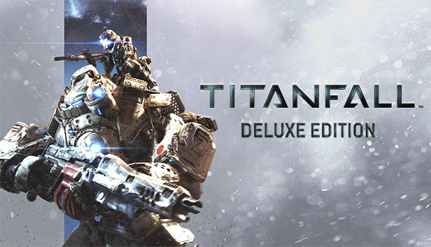 Official cover art for Titanfall Deluxe Edition featuring a massive Atlas Titan and a Pilot in a futuristic combat setting.