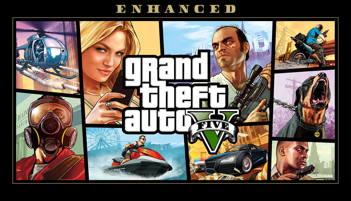 Official cover art for the action-adventure game Grand Theft Auto V Enhanced featuring characters and scenes from Los Santos.
