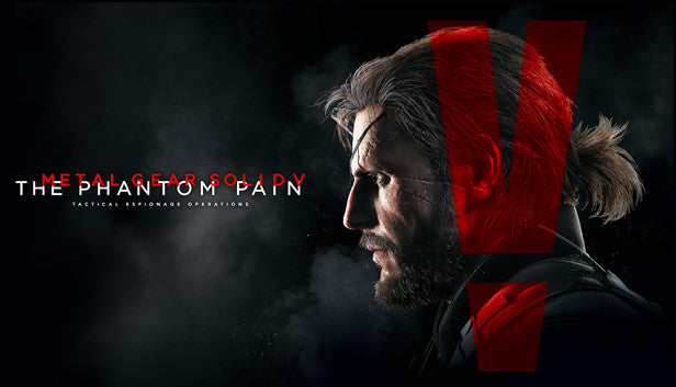 Official cover art for Metal Gear Solid V: The Phantom Pain featuring Punished "Venom" Snake against a red background.