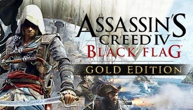 Official cover art for Assassin's Creed IV Black Flag - Gold Edition featuring Edward Kenway with a flintlock pistol.