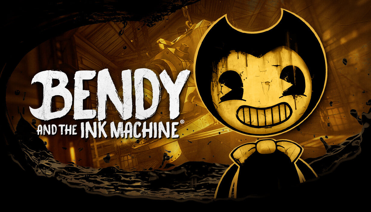 Official cover art for Bendy and the Ink Machine featuring a stylized yellow cartoon face on a dark, ink-splattered background.
