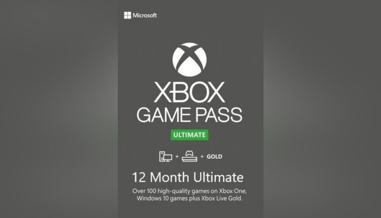 Cover art for XBOX Game Pass Ultimate 12 Months subscription featuring the white XBOX logo on a grey background.