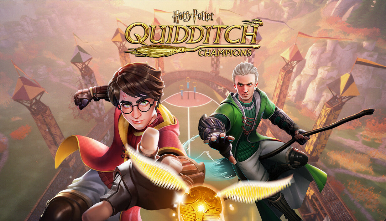 Official cover art for the sports game Harry Potter: Quidditch Champions featuring characters flying on broomsticks.