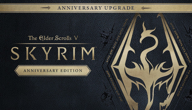 Official cover art for The Elder Scrolls V: Skyrim Anniversary Upgrade featuring a gold dragon emblem on a dark textured background.