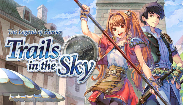 Cover art for The Legend of Heroes: Trails in the Sky, depicting main characters Estelle Bright holding a long staff and Joshua Bright standing together in a colorful, bright fantasy town setting.