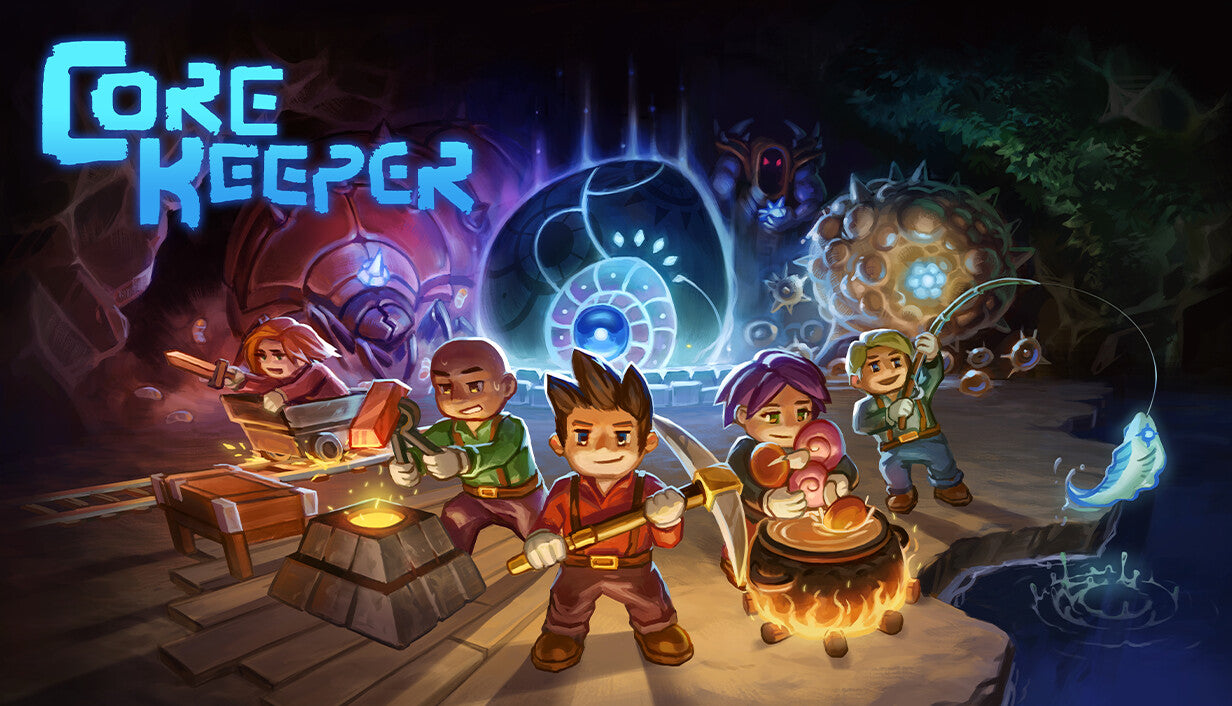 Official cover art for Core Keeper featuring a character exploring a subterranean world with pickaxes and glowing crystals.