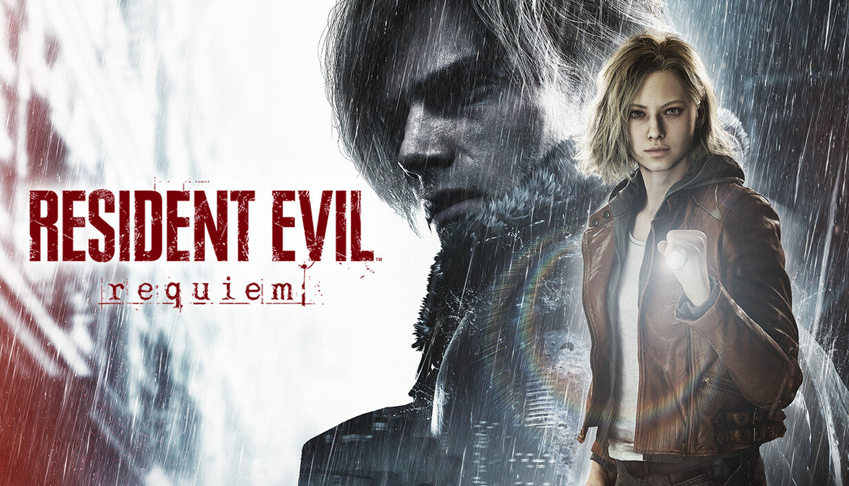 Official Resident Evil Requiem cover art showing a dark, rainy split composition of veteran Leon Kennedy and Grace Ashcroft.