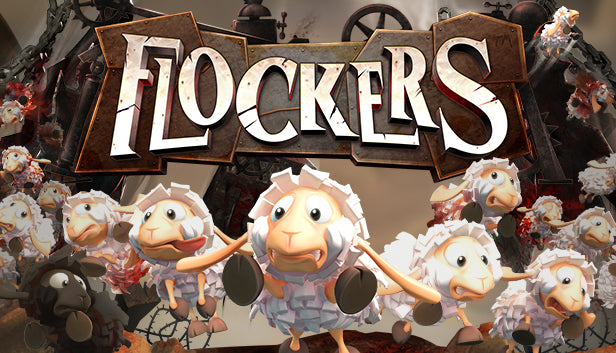 Official cover art for the strategy puzzle game Flockers by Team17, showcasing a dark steampunk-inspired theme.