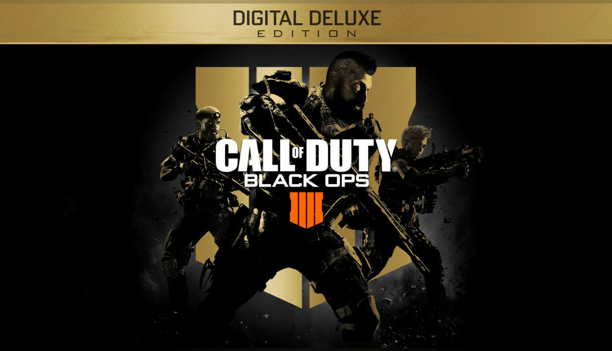 Official cover art for Call of Duty: Black Ops 4 - Digital Deluxe Edition featuring character Specialists in an action pose.