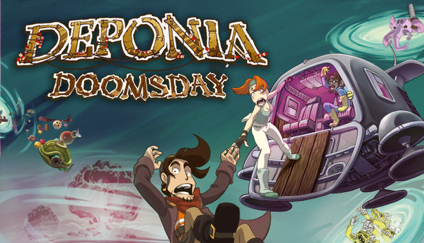 Cover art for Deponia Doomsday with Rufus and Goal in a time-traveling craft.