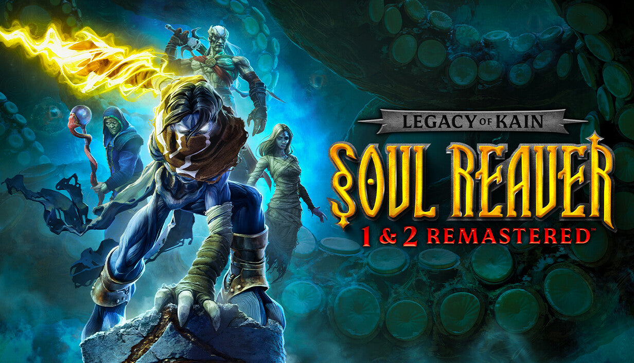 Official cover art for Legacy of Kain Soul Reaver 1&2 Remastered featuring Raziel and Kain in a gothic fantasy setting.