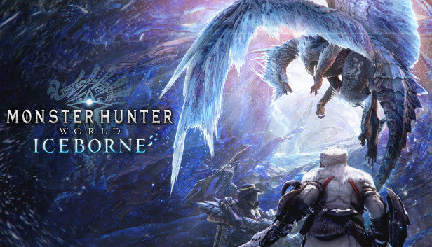 Monster Hunter World: Iceborne cover art featuring an icy blue dragon soaring above armed hunters in a frozen cavern.