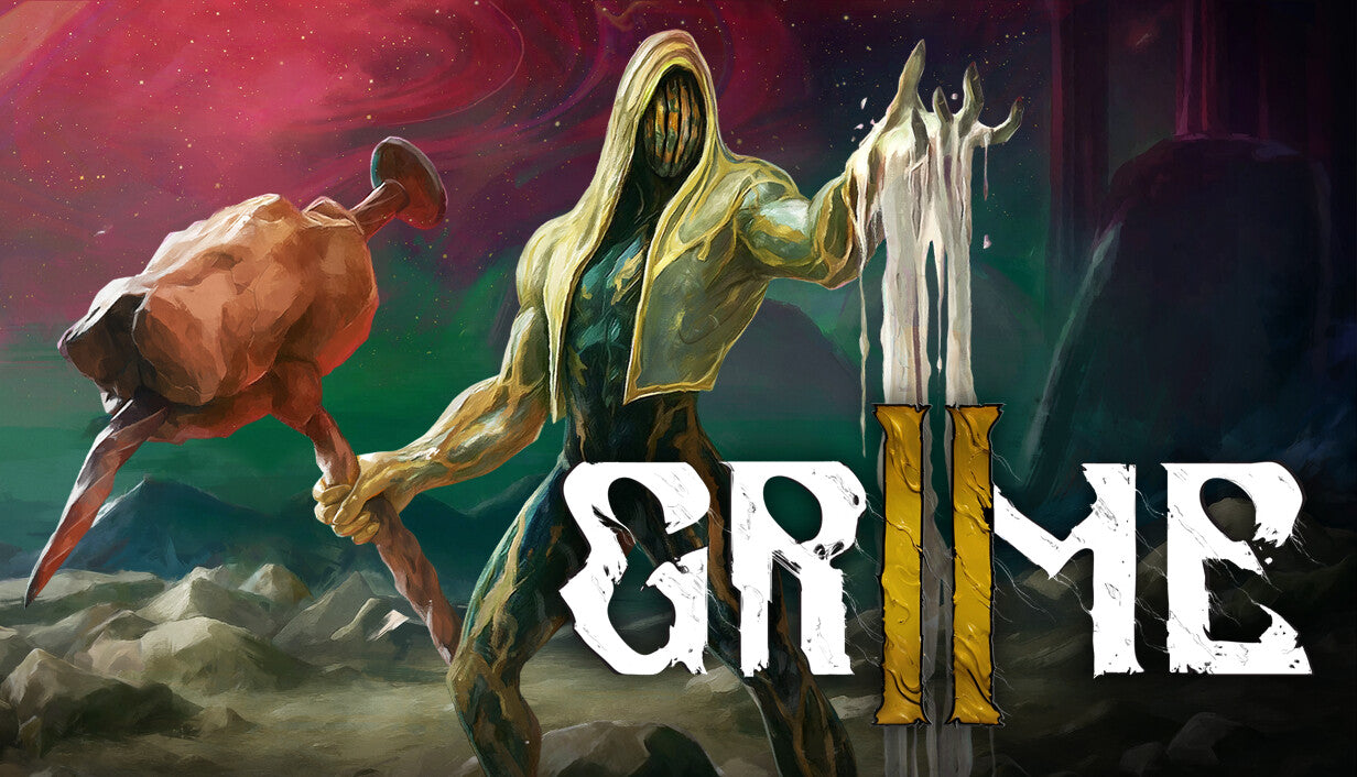 Surreal cover art for GRIME II featuring a muscular humanoid figure with a caged face and flowing yellow cloak holding a fleshy club weapon, with thick white liquid dripping from its other hand.