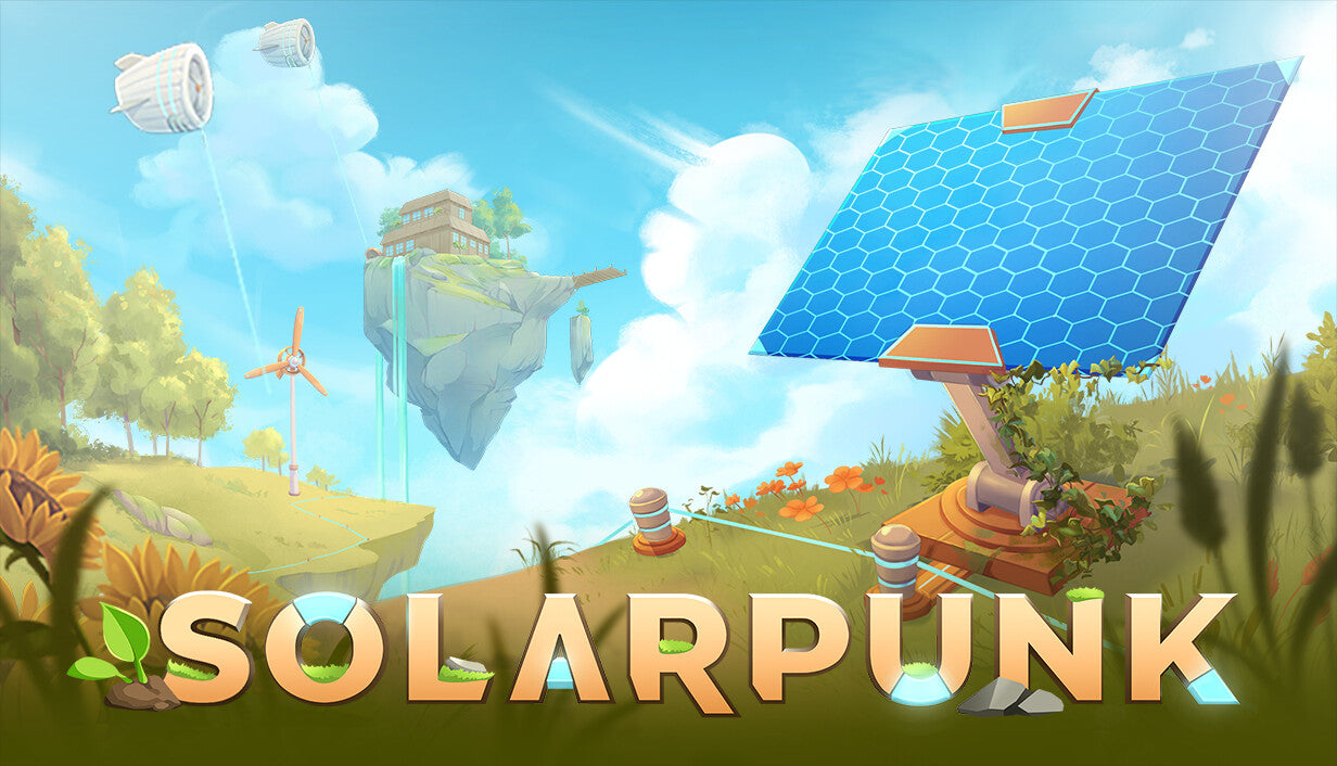 Cover art for Solarpunk, showing a bright, idyllic green landscape with a large solar panel, a wind turbine, and floating sky islands connected by glowing energy tethers.