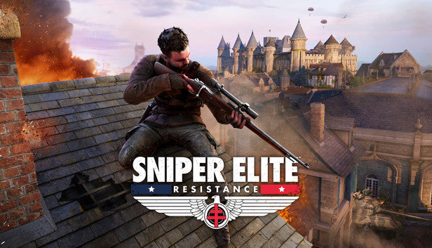 Cover art for Sniper Elite: Resistance, showing a rugged sniper sitting on a rooftop aiming his rifle, overlooking a war-torn European town complete with a distant chateau, an exploding building, a tank on the street, and paratroopers dropping from the sky.