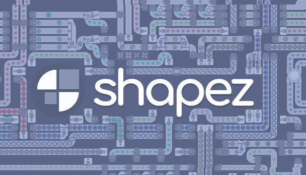 Minimalist geometric art for the automation game shapez showing various gray and white shapes on a dark grid background.
