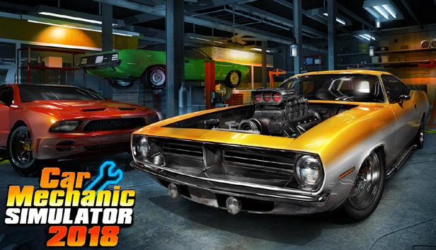 Official cover art for Car Mechanic Simulator 2018 showing a detailed car engine being repaired in a professional garage.