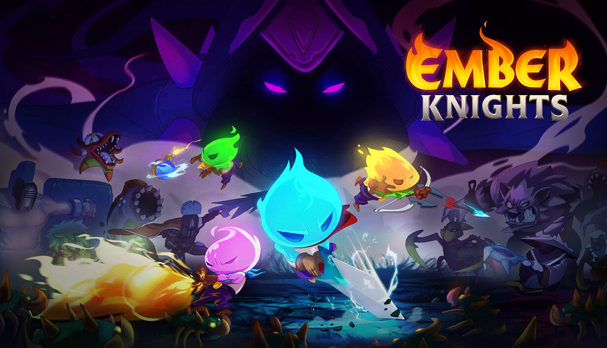 Cover art for Ember Knights, featuring four glowing, colorful knight characters wielding elemental weapons and charging into battle against a looming, dark boss figure with glowing purple eyes.