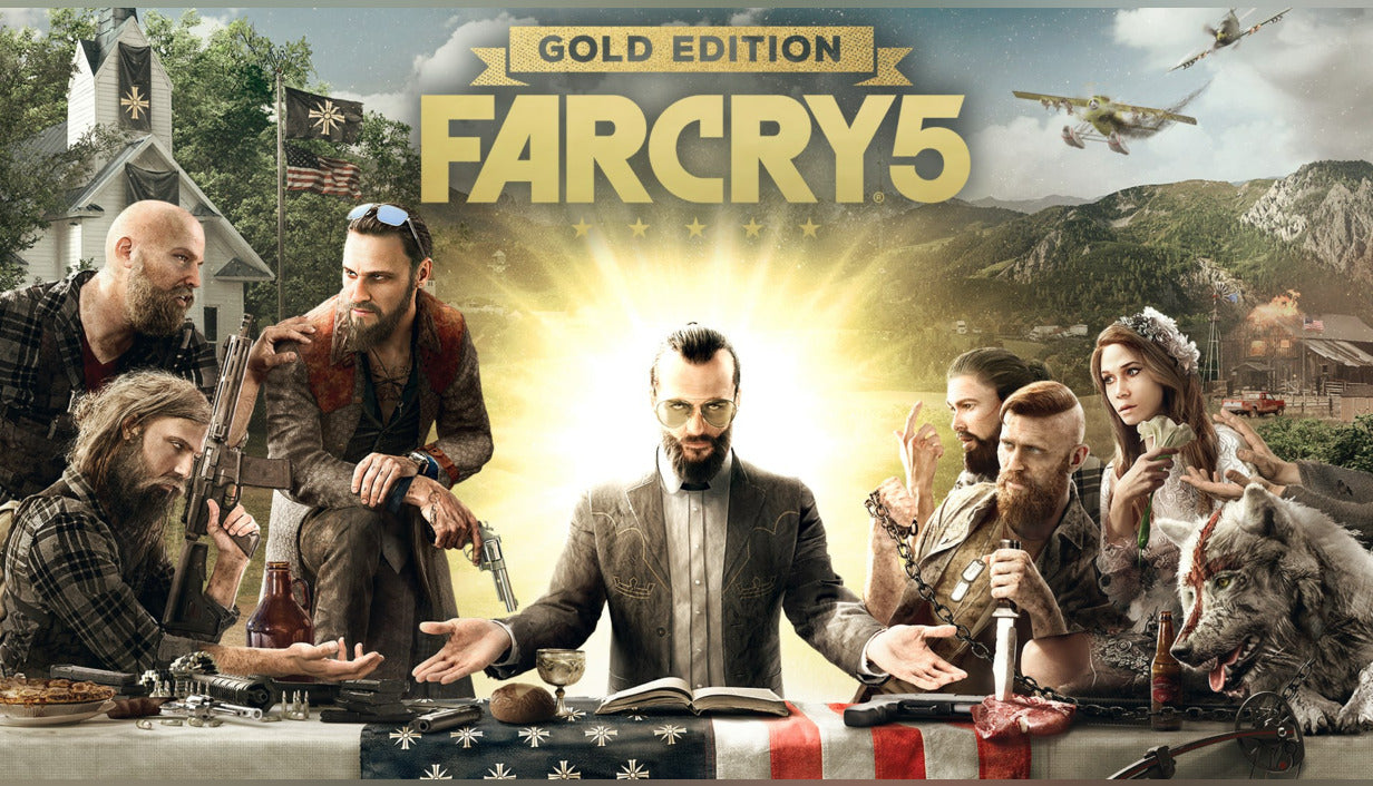 Cover art for Far Cry 5 Gold Edition, illustrating cult leader Joseph Seed and his armed followers gathered at a table draped with an American flag, mirroring The Last Supper.