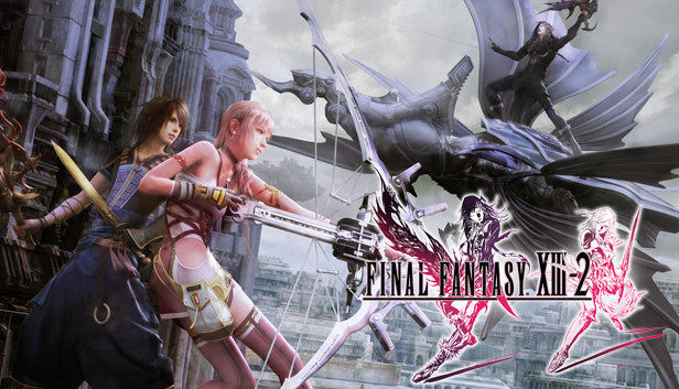 Cover art for Final Fantasy XIII-2, depicting Serah and Noel wielding weapons in the foreground with the antagonist Caius and a massive dark dragon looming in the background over city ruins.