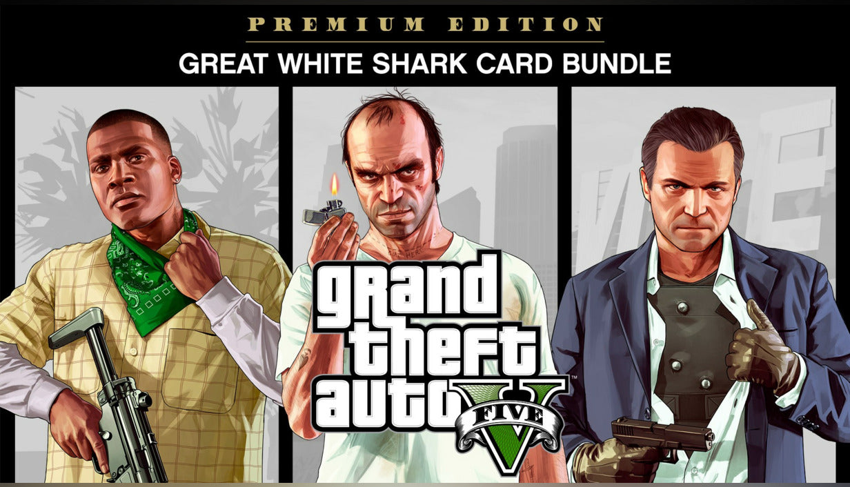 Official key art for Grand Theft Auto V: Premium Edition & Great White Shark Card Bundle for XBOX One Microsoft Store.