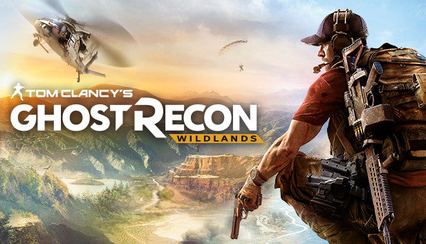Official cover art for the tactical shooter Tom Clancy's Ghost Recon Wildlands featuring four soldiers in a mountainous landscape.