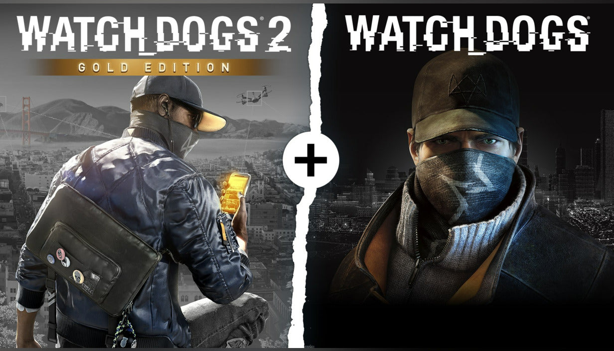 Official cover art for Watch Dogs 1 and Watch Dogs 2 Gold Editions Bundle on XBOX One featuring key characters and a digital hacking theme.