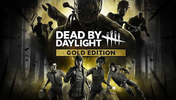 Cover art for Dead by Daylight - Gold Edition, depicting four original survivors running forward with a menacing lineup of several killers looming in the dark forest behind them.