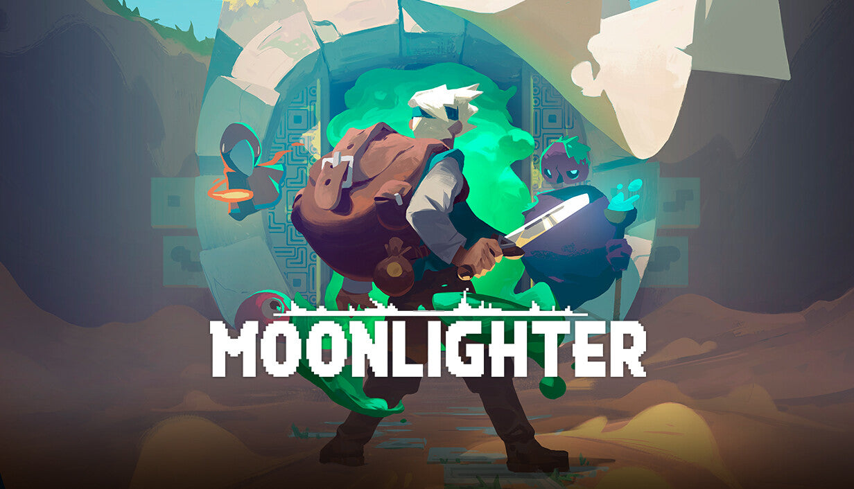 Official cover art for the action RPG Moonlighter featuring a character standing before a glowing, mystical dungeon portal.