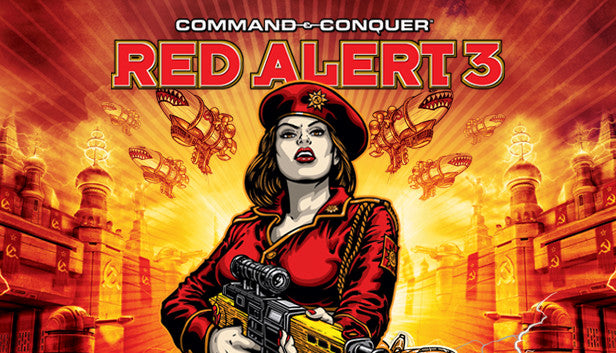 Official cover art for the strategy game Command & Conquer Red Alert 3 featuring heavy machinery and iconic units.