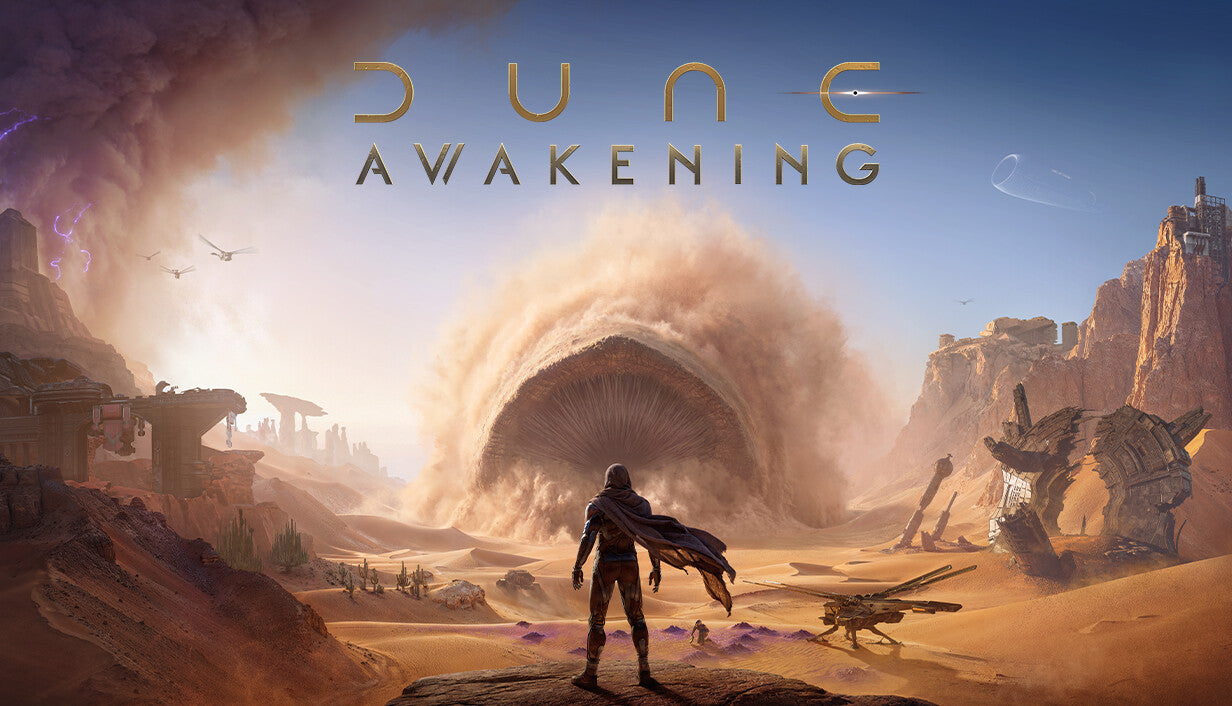 Cover art for the open-world survival game Dune: Awakening featuring a lone figure standing in a vast desert landscape.