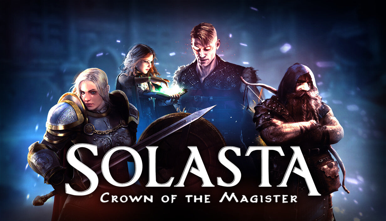 Official cover art for Solasta: Crown of the Magister, a tactical RPG featuring a party of four fantasy adventurers.