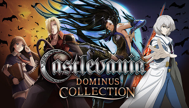 Official cover art for Castlevania Dominus Collection featuring classic gothic characters and a dark fantasy aesthetic.