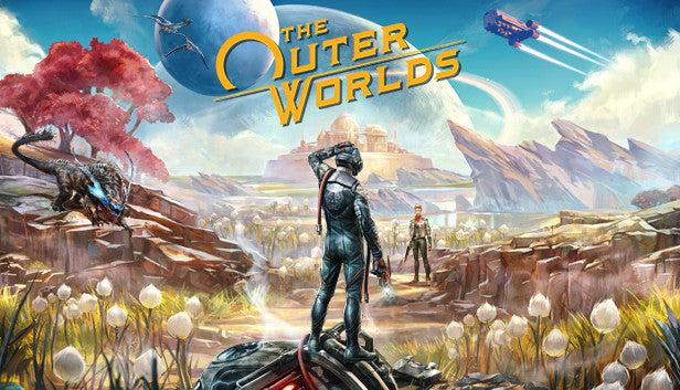 Official cover art for the action RPG The Outer Worlds featuring a character looking out at a vibrant alien planet.