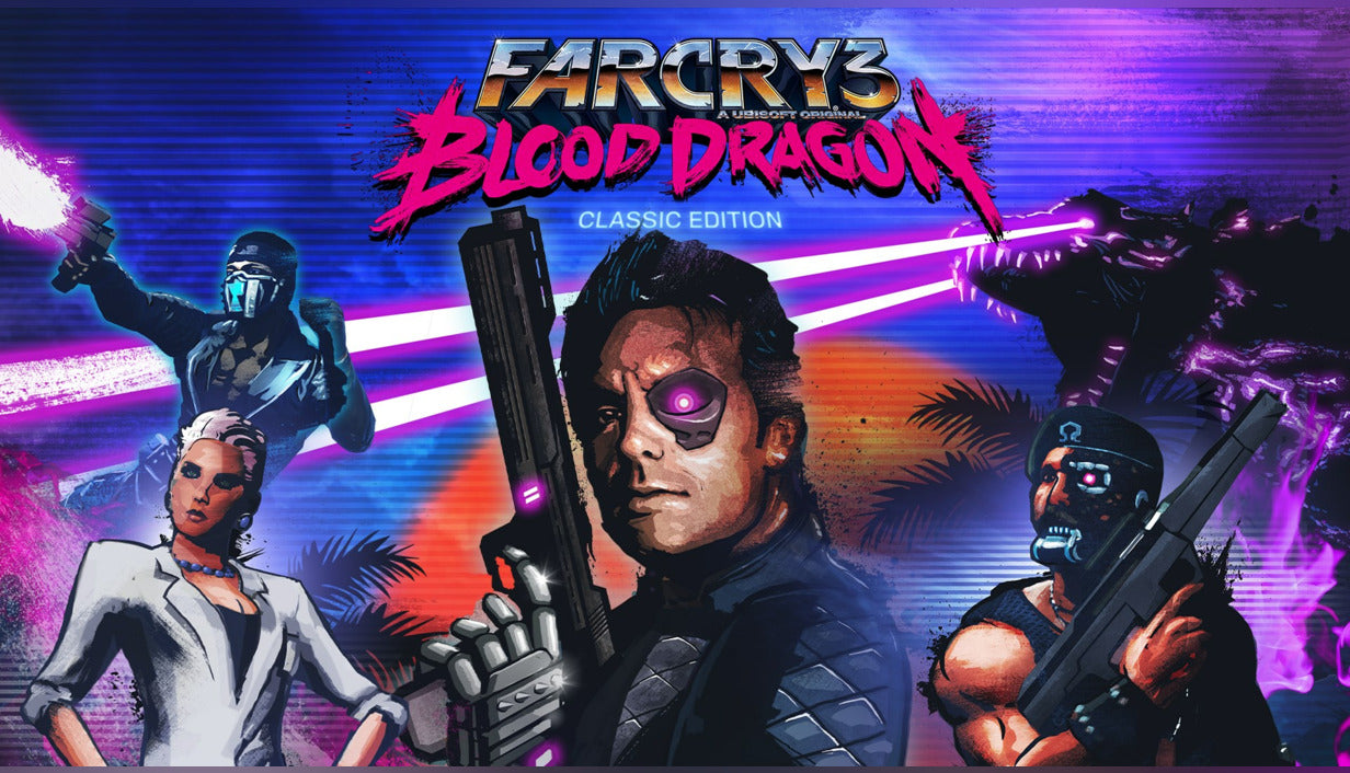 Official cover art for Far Cry 3 Blood Dragon Classic Edition on XBOX One featuring a retro-futuristic, neon 1980s VHS-era sci-fi aesthetic.