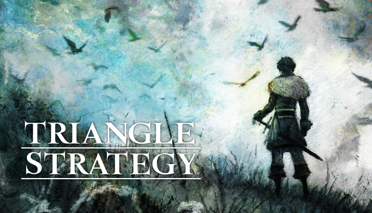 Cover art for TRIANGLE STRATEGY, presenting a painterly illustration of a lone swordsman standing in a field beneath a dramatic sky filled with birds.