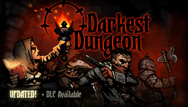 Official cover art for Darkest Dungeon featuring a group of weary adventurers in a grim, gothic dungeon setting.