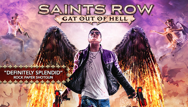 Cover art for Saints Row: Gat out of Hell, showcasing Johnny Gat equipped with glowing, fiery demonic wings and dual-wielding weapons, standing triumphantly in a purple-hued underworld surrounded by floating souls.