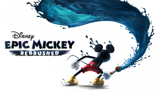 Disney Epic Mickey: Rebrushed cover art featuring Mickey Mouse swinging a magical paintbrush, splashing blue paint into the air.