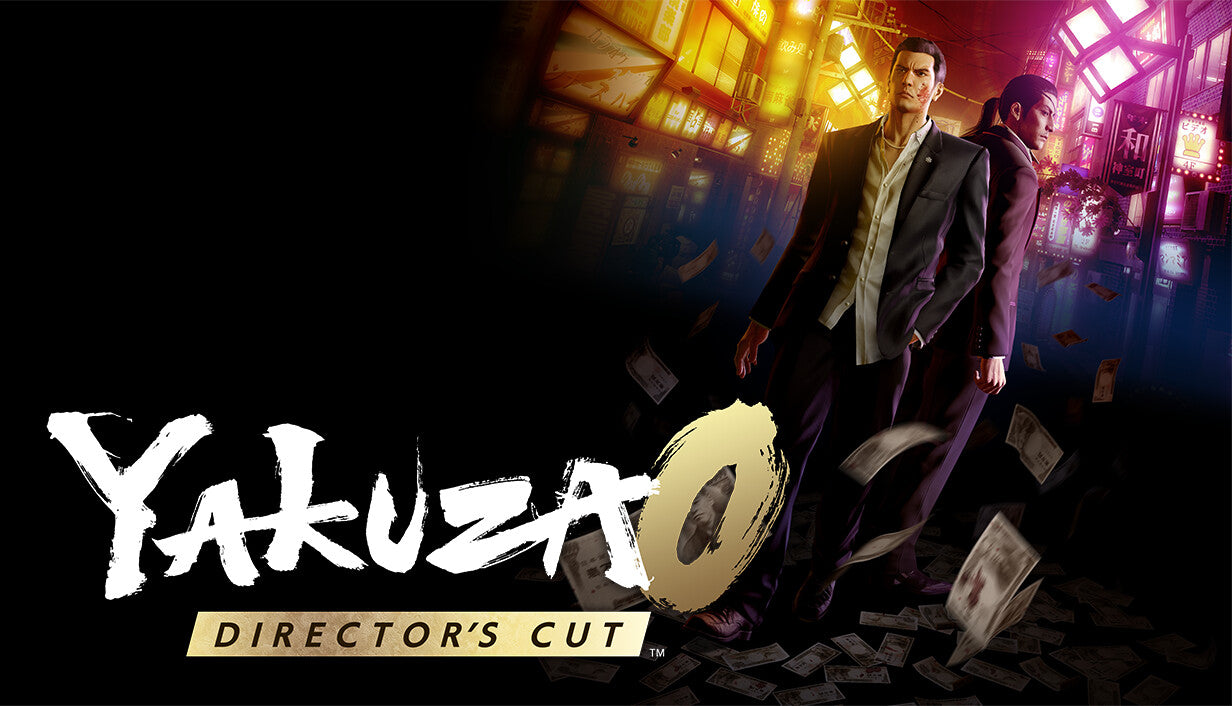Cover art for Yakuza 0 Director's Cut, featuring Kiryu Kazuma and Goro Majima in sharp suits standing back-to-back in the neon-lit, nighttime streets of 1980s Kamurocho with money fluttering around them.