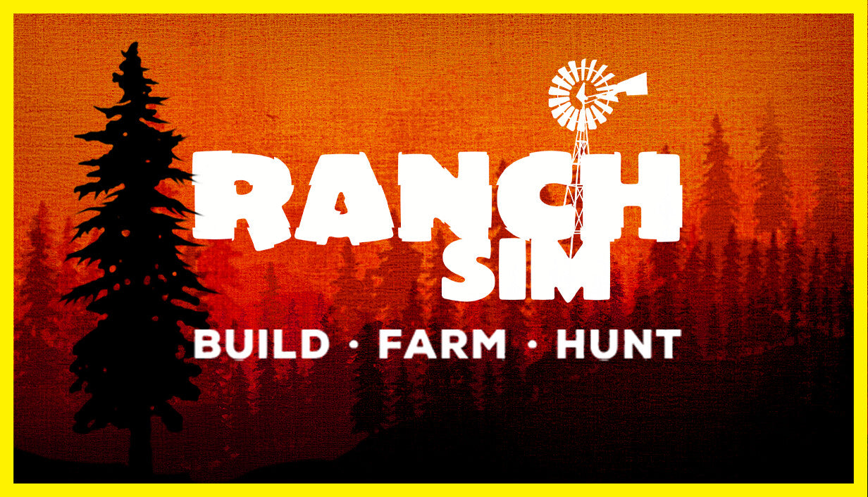 Official cover art for Ranch Simulator: Build, Hunt, Farm featuring a rancher overlooking a scenic mountain valley.