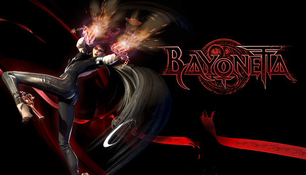 Action-oriented cover art for Bayonetta featuring the protagonist in a dynamic pose with her signature dual pistols.