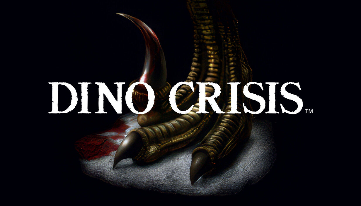 Official Dino Crisis cover art featuring the white game logo over a detailed, bloody dinosaur claw on a black background.