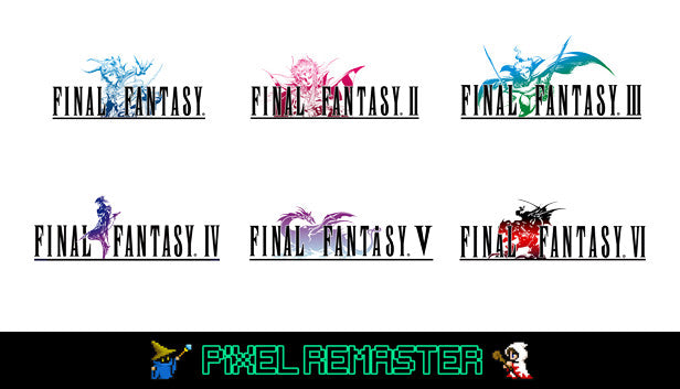 Cover art for the Final Fantasy Pixel Remaster collection, displaying the classic illustrative logos for Final Fantasy I through VI arranged in a grid, accompanied by retro pixel art sprites of a Black Mage and a White Mage at the bottom.